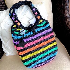 KURT GEIGER striped satin textile crochet tote bag black neon